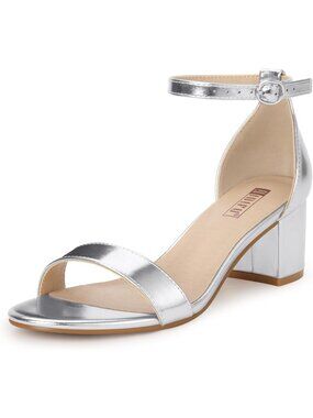 Women's Silver Low Cookielo Block Pump Chunky Ankle Strap Dress Heeled Sandals